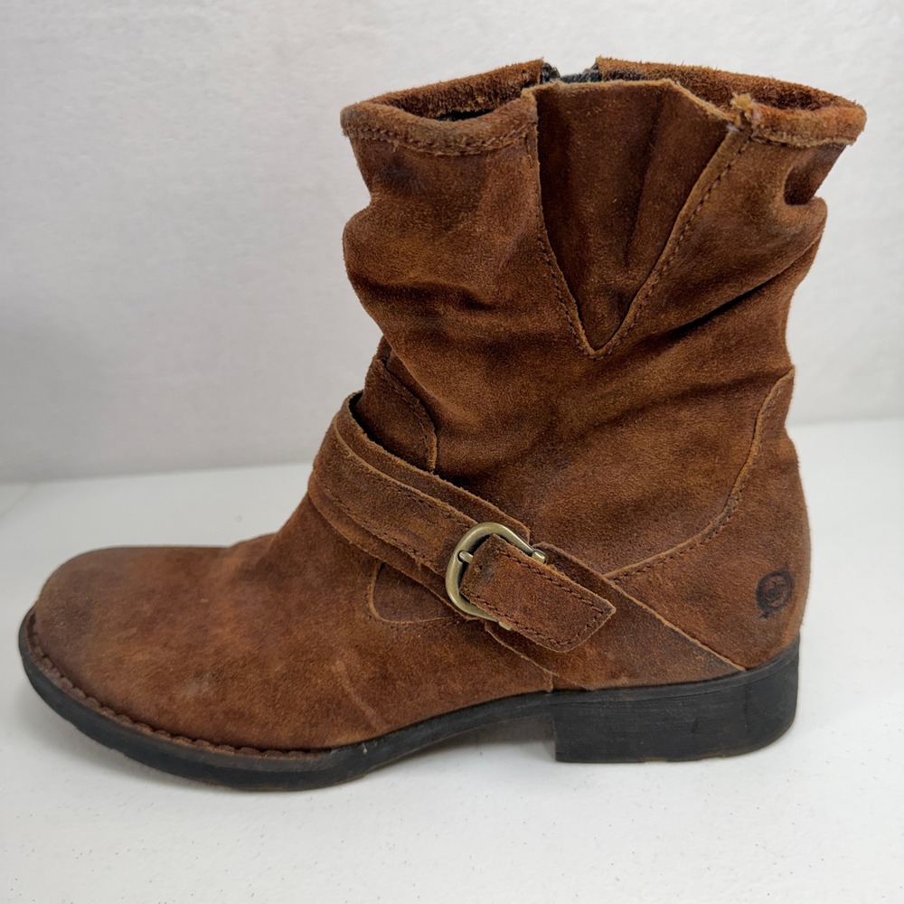 Born 8 Virgo Ankle Boots Brown Suede Slouchy Distressed Buckle Moto Rustic Fall - Picture 4 of 10
